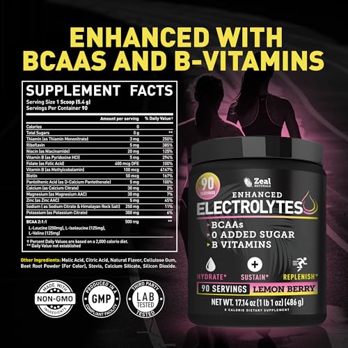 Image of Zeal Electrolyte Powder - 90 Servings | Keto Electrolytes Powder | Zero Sugar, BCAAs, B-Vitamins | Potassium, Zinc, Magnesium | Hydration Powder Recovery Drink | Lemon Berry