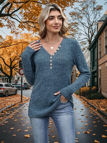 Womens Henley Knit Sweaters 2025 Fall Winter Deep V Neck Long Sleeve Button Pullover Casual Tops4