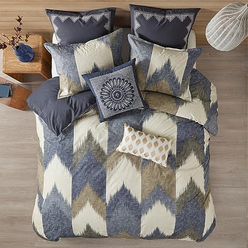Image of Ink+Ivy Queen Size Comforter Set, Cozy Cotton Comforter, All Season, Lightweight Comforter Queen Bed Set with 2 Matching Shams, Modern Cabin Lodge Ikat Chevron Design, Navy Full /Queen 3 Piece