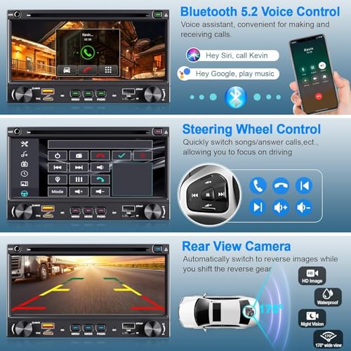 7'' QLED Double Din CD/DVD Car Stereo with CarPlay & Android Auto, Bluetooth 5.3 Car Audio Receivers, 240W 4.2 CHN 2 Subwoofers Outputs, Backup Camera, SWC, FM/AM, USB Playback & Charging - Image 5