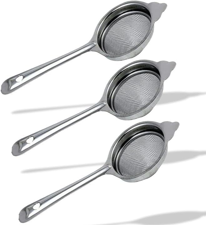 Stainless Steel Tea Strainer with Long Handle, 7 cm Diameter, Set of 3