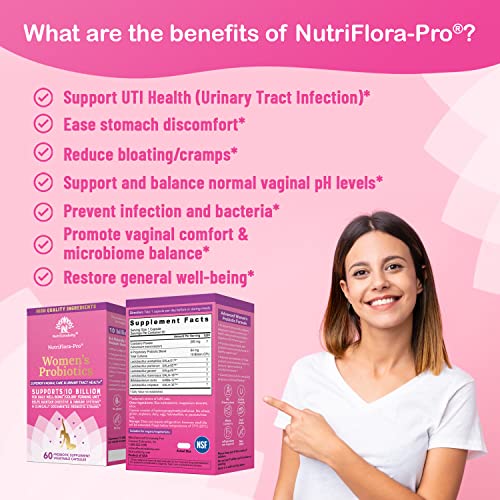 Image of Nutricelebrity NutriFlora-Pro Probiotics for Women - Support Vaginal, Urinary Health (UTI), Digestive System, Period Pain, Yeast, and BV Relief, Cranberry Pills, 10 Billion CFU 6 Strains (60 Caps)