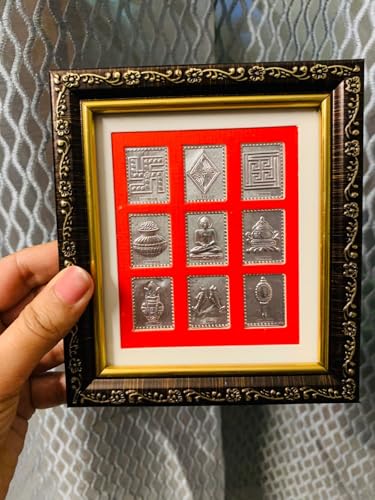 Image of Silver 999 Jain Asht Mangal Darshan Wooden Frame | Jain Ashta Mangal Symbols Wall Art for Puja Room, Gift | Swastik Shrivatsa Nandyavarta Vardhman Kalash Mirror Bhadrasan Pair of Fish-15x12x2 CM