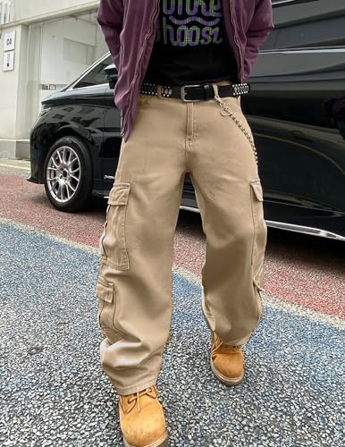 Mens Cotton Cargo Jeans Casual Loose Fit Pants Wide Leg Trousers with Pockets2