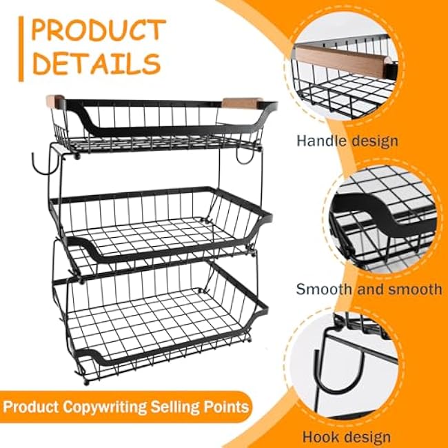 3-Tier Rolling Pantry Floor Organizer and Storage Cart with Wheels,Stackable Metal Wire Snack Display Basket for kitchen pantry organizers and storage shelves with Banana Hanger &Wooden Handle-G78vnFNU