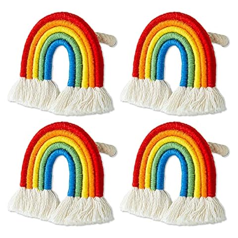 ETIUC Set of 4 Rainbow Napkin Rings Handmade Macrame Natural Braided Rope Napkin Holder Serviette Buckles Table Decor for Farmhouse, Wedding, Dinner Party, Banquet, Christmas, Birthday, Thanksgiving Cover
