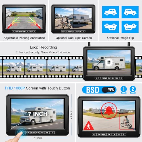 Image of Fookoo Dual HD Magnetic Solar Wireless Backup Cameras: 7 inch Monitor w /BSD