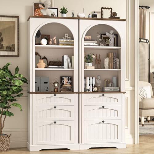 Image of Bookshelf with File Drawers for Letter /A4 /Legal Size Hanging Files, 68 inch Tall Farmhouse Bookcase with 3-Tier Open Shelves, Wood Floor Display Storage Cabinet for Home Office, Living Room, Rustic White