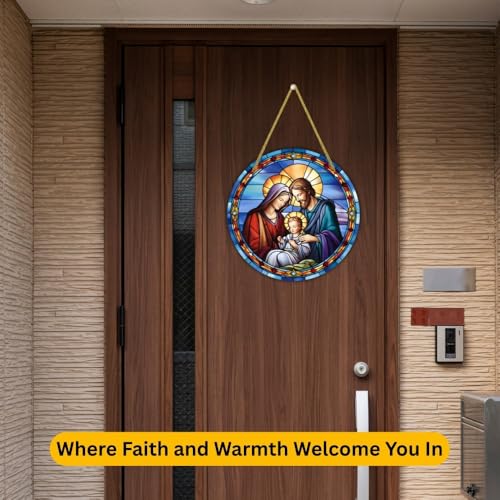 Image of Printality Stained Glass Style Christian Wall Hanging | Round MDF Plaque with Glossy Finish & Golden Zardosi String | Religious Wall Art | Jesus, Mary & Angels Design | Faith Home Decor (Design 5)