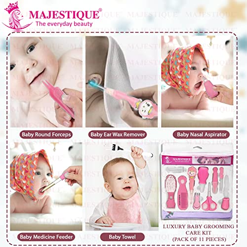 Image of Majestique 11-in-1 Baby Grooming Kit | Portable Newborn Baby Grooming Set | Complete Manicure & Healthcare Kit for Infants, Toddlers, and Kids (Pink)