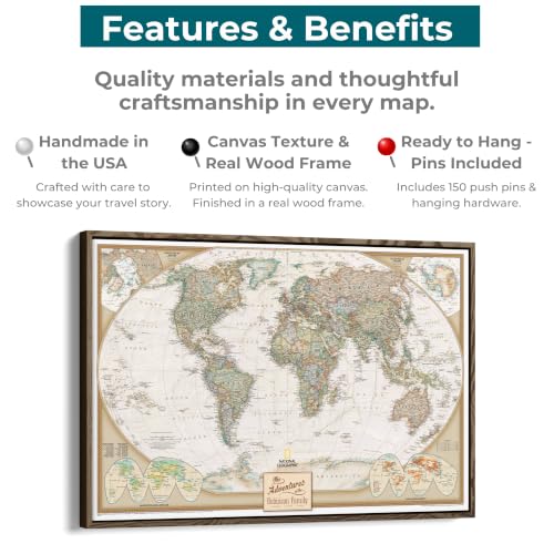 Image of Executive World Push Pin Map - National Geographic Antique Style Canvas Travel Tracker - Extra Large Framed Wall Decor - Natural Float Frame - 34 inch x 51 inch