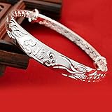 Women's 999 Solid Sterling Silver Chinese Dragon Phoenix Carved Adjustable Bangle Bracelet 15g...