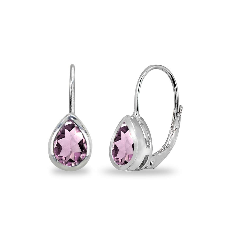 Sterling Silver Genuine or Synthetic Gemstone 7x5mm Teardrop Bezel-Set Dainty Leverback Earrings