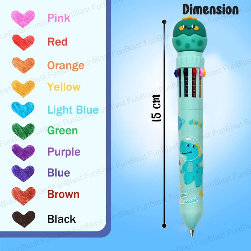 Image of FunBlast 10 In 1 Ball Pens for Writing, Cartoon Design Lightweight Ball Pen with Comfortable Grip for Extra Smooth Writing, Stationery for School & Office, Birthday Return Gift (Dinosaur)