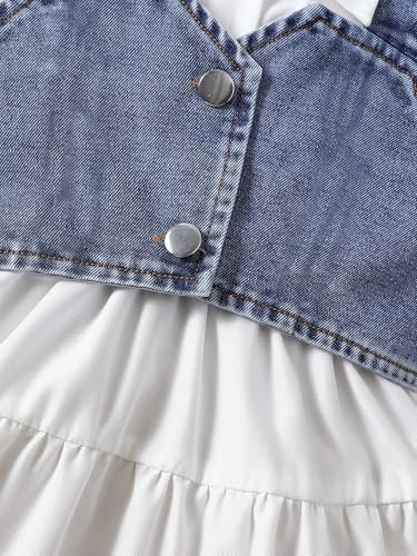 2Pcs Kids Girl Toddler Long Sleeves Lapel Button Down Shirt Dress Denim Vest Set 4-7 Years4