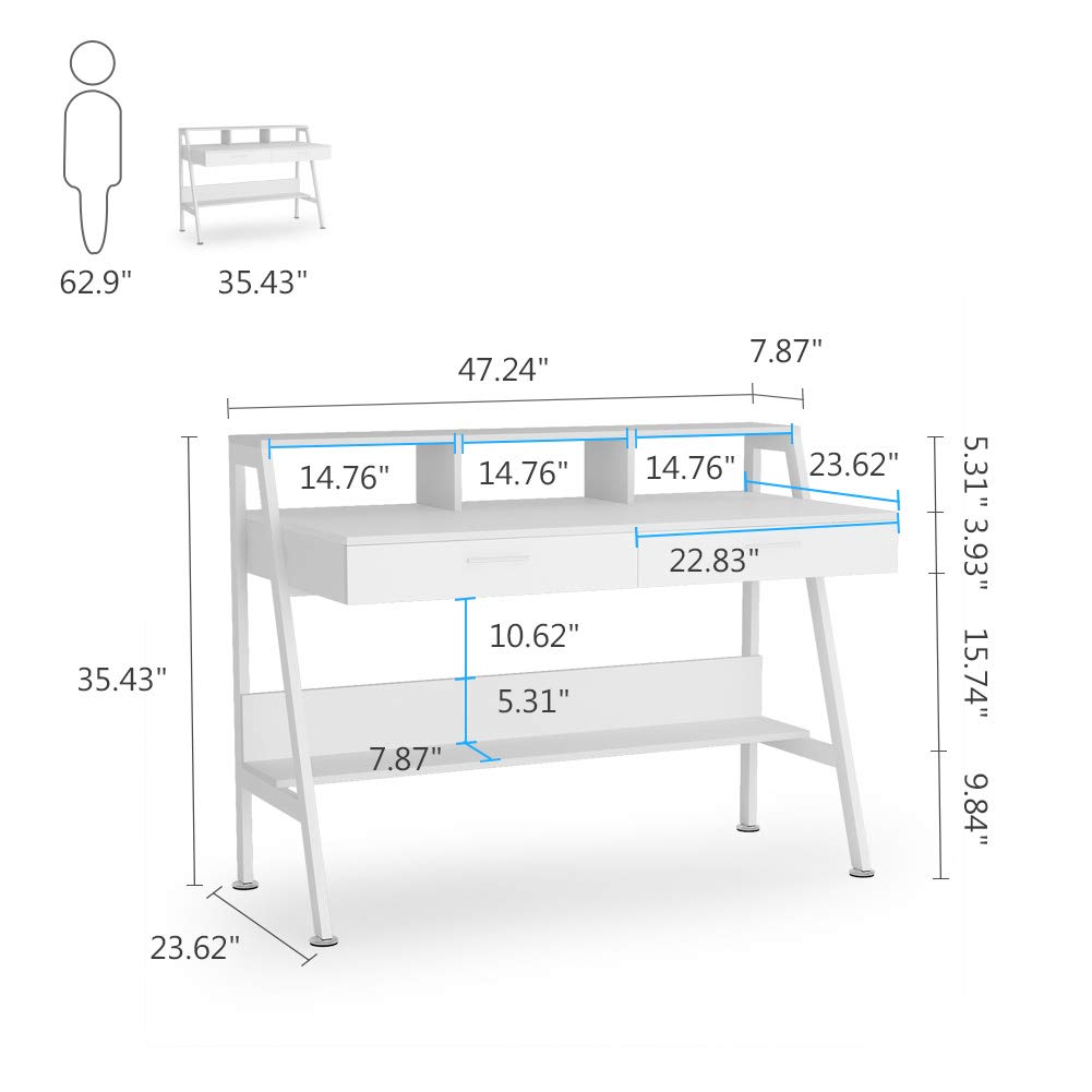 Tribesigns Schreibtisch mit Ablage und Schubladen, 120 cm moderner Schreibtisch, Arbeitstisch mit Monitorständer für den Einsatz im Homeoffice (weiß)