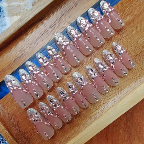 3D Handmade Press on Nails Long Almond Handcrafted Nail Art with Designed Fall Stick on Nail for Women and Girls /20 Piece Set