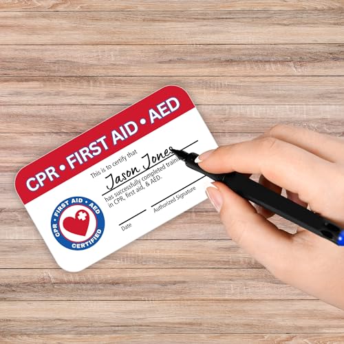 Image of CPR and First Aid AED Certification Cards | 5 pk 2.25x3.5 inch Plastic Wallet Sized Quick Reference Guide Fill Out Name Training Certificate