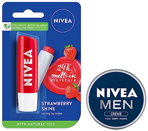 Image of NIVEA Lip Balm, Fruity Strawberry Shine, 4.8g & Nivea Men Creme, Non Greasy Moisturizer, Cream For Face, Body & Hands, 75 ml