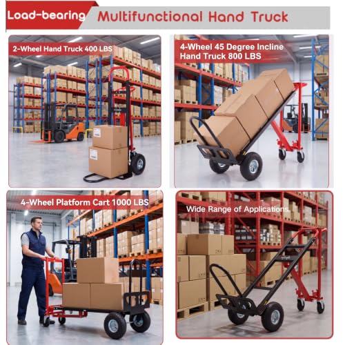 Image of 4-in-1 Convertible Hand Truck Dolly, 1000 LBS Heavy Duty Steel Moving Cart, Multi-Position Folding Utility Cart for Warehouse, Industrial and Home Moving, Red