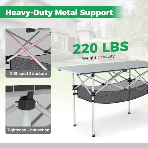 GIANTEX Mesa de Camping Plegable, Mesa Portátil para Picnic con Tapa de Aluminio Enrollable y Canasta de Malla, Mesa Ligera para Exterior con Bolsa de Transporte en Plateado 47"x22"x27" miniatura 5