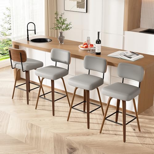 Image of Swivel Bar Stools Set of 4, 26 inch Upholstered Faux Leather Counter Height Barstools with Walnut Back & Bentwood Legs, Mid Century Modern Bar Chairs Island Stools for Kitchen Counter, Light Grey