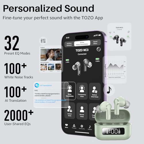 Image of TOZO Hybrid Active Noise Cancelling Wireless Earbuds 6 Mics AI Clear Call | 68H Playtime LED Display 32 Preset EQs App Bluetooth 5.3 IPX8 Waterproof Ear Buds