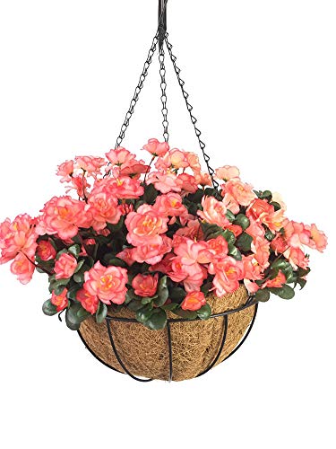 Lopkey Outdoor Hanging Basket With Artificial Azalea Bush Flower For Patio Lawn Garden Balcony Corridor Decor,12 Inch Orange #TOP26