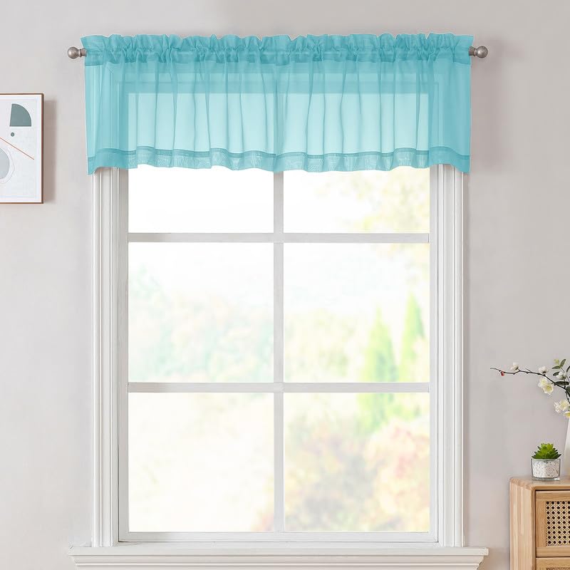 Image of OVZME Aqua Sheer Valances for Windows 14 Inch Length 2 Pcs, Light Filtering Short Kitchen Curtains, Top Dual Rod Pocket Small Curtains for Living Room Bedroom Basement, Each 42Wx14L Inches