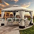 YITAHOME 10x12ft Gazebo for Patios Outdoor Double Roof Canopy Gazebo with Netting & Curtains, Soft Fabric Top Garden Winds Tent with Steel Frame for Lawn, Garden, Backyard and Deck (Khaki)