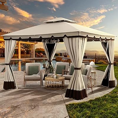 YITAHOME 10x12FT Patio Gazebo Event Shelters Outdoor Double Roof Canopy Gazebo w/Netting & Curtains, Soft Fabric Top Garden Winds Tent with Steel Frame Privacy Screens for Backyard, Garden, Lawn