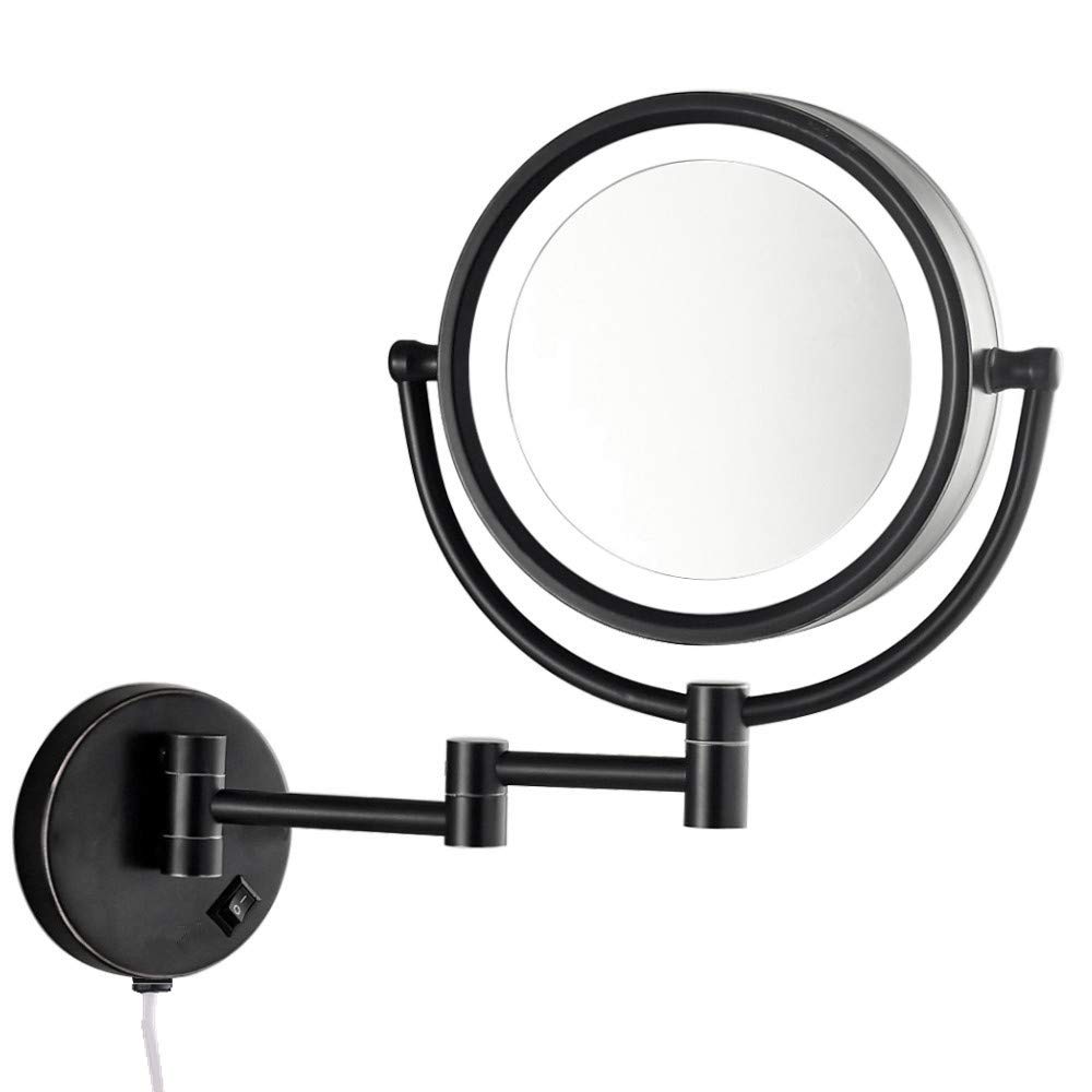 Gecious Wall Mounted Makeup Mirror with Led Light with 10x Magnification, Wall Vanity Mirror Lighted for Bathroom Hotel,13 Inches Extension, Plug Powered 8.5 Inch, Brass Oil Rubbed Bronze, Plug in