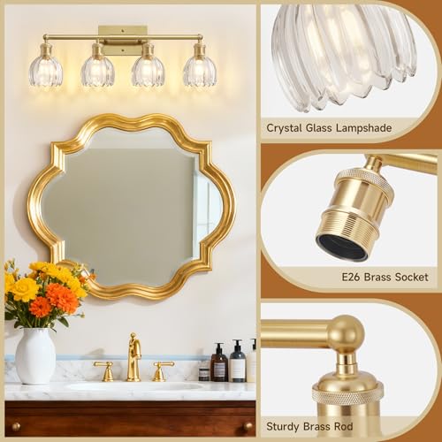 Image of 4 Light 27.2 in Bathroom Vanity Light,Rustic Brass Bathroom Lighting Fixtures Over Mirror, Vintage Vanity Mirror Lights Clear Tulip Glass Wall Sconce for Living Room,Bedroom,Hallway,E26 Base