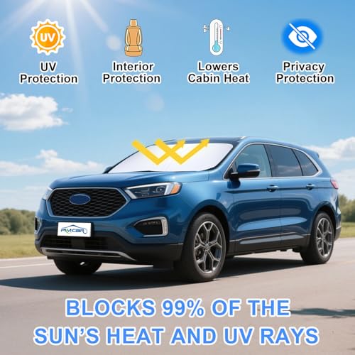 Image of PIMCAR Windshield Sun Shade for 2015-2025 2026 Ford Edge SUV, Premium 310T Reflective Polyester, Foldable Heat Blocker-Beat Summer Heat & Keep Interior Cool