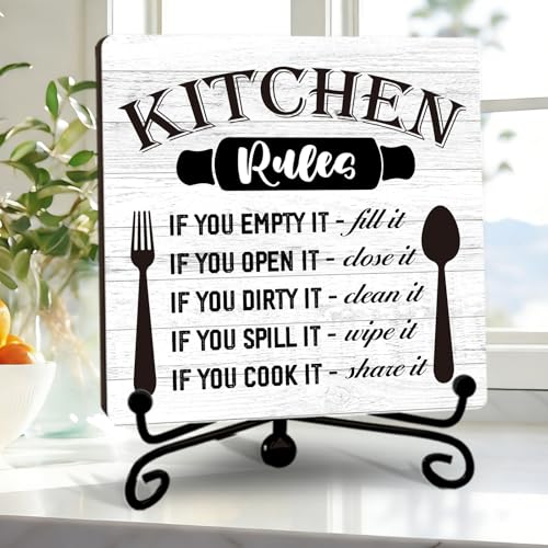Image of DETIHO Rustic Kitchen Sign Decor, Funny Kitchen Signs for Counter, Farmhouse Wooden Plaque With Iron Stand for Home Desk Shelf Decor - G04