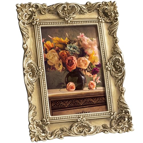 Image of eletecpro 4x6 Vintage Picture Frame with Real Glass Cover, Ornate Antique Photo Frame, Display 4x6 Picture for Tabletop or Wall Hanging Horizontal & Vertical, Gold Home Decor for Gallery Art