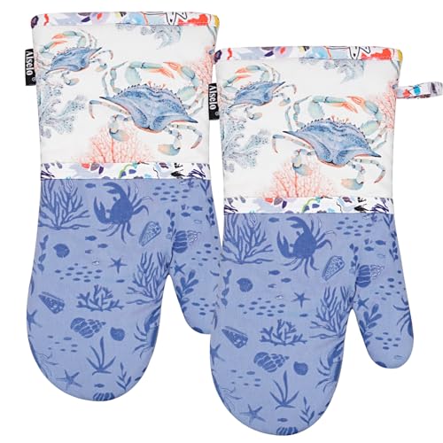 Alselo Oven Mitts, Heat Resistant with Soft Quilted Cotton Lining Set of 2, Fashion Crab Design with Silicone Printing Anti-Slip Kitchen Gloves for Safe Backing Cooking Barbecue (Lilac,Crab)