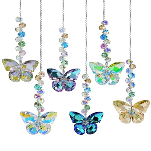 HDCRYSTALGIFTS 6PCS Crystal Butterfly Suncatchers for Window Hanging Ornaments Rainbow Maker Sun Catchers Indoor Window Wedding Garden Home Decor Glass Ornaments for Christmas Tree Gifts