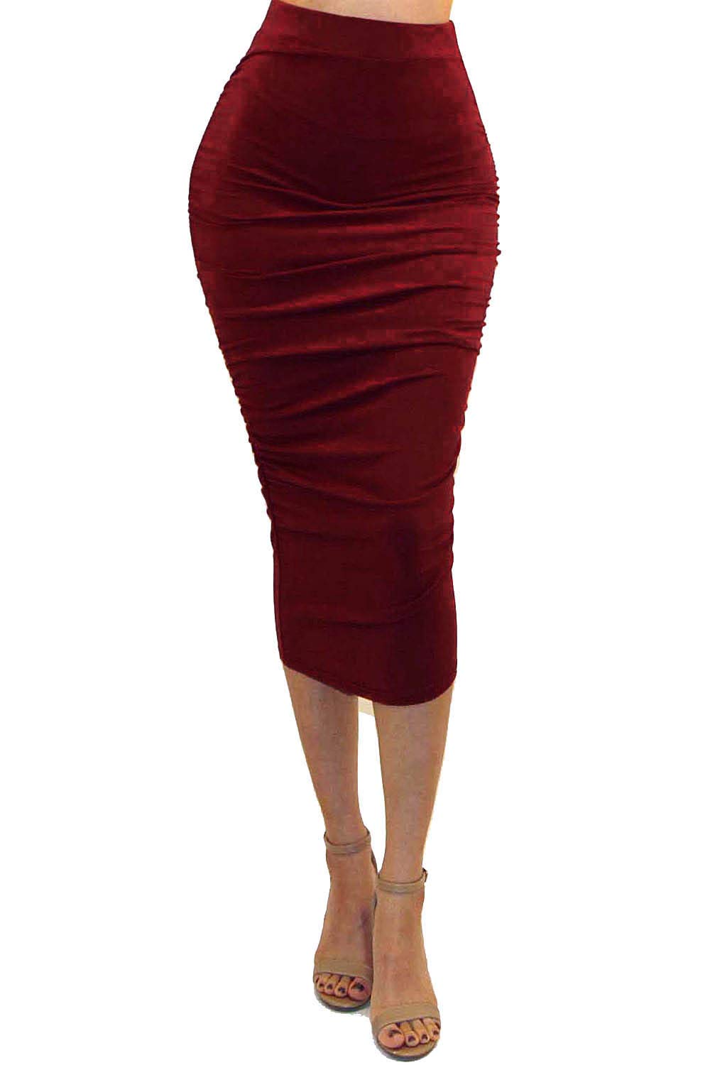 Vivicastle Womens USA Ruched Frill Ruffle High Waist Pencil Mid-Calf Skirt