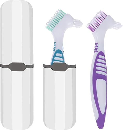 Cepillo de dentadura postiza, 2 piezas de cepillo de dientes falsos con estuche de transporte blanco, cerdas multicapa, mango de goma ergonómico