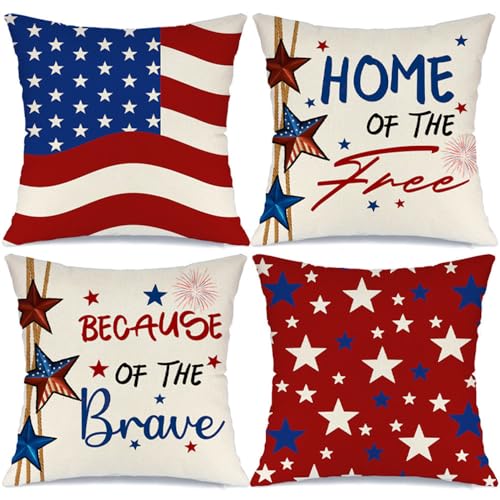 MODOVOS 4th of July Pillow Covers 20x20 Set of 4 America Flag Stars Independence Day Decorations Home of The Free Memorial Day Patriotic Throw Cushion Case for Home Sofa Couch
