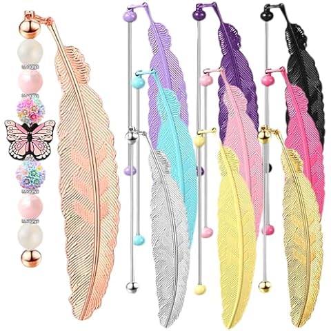 10 Pieces DIY Beadable Bookmarks Bulk, Metal Beadable Bookmarks Pendant Bar, Custom Book Charms Stainless Steel Chains, Craft Beaded Book Lanyards Chains for Students Teachers (Feather) Cover