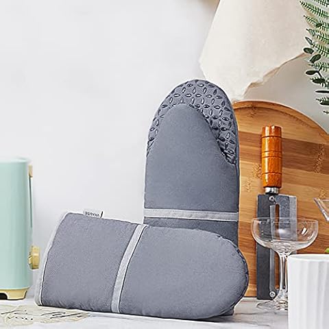 VHAUSE Cotton Oven Gloves Pair - Puppet Shaped Long Oven Mitts with Silicone Grip Heat Resistant 235°C Oven Baking Mittens Gauntlet for Kitchen Cooking - Grey Cover