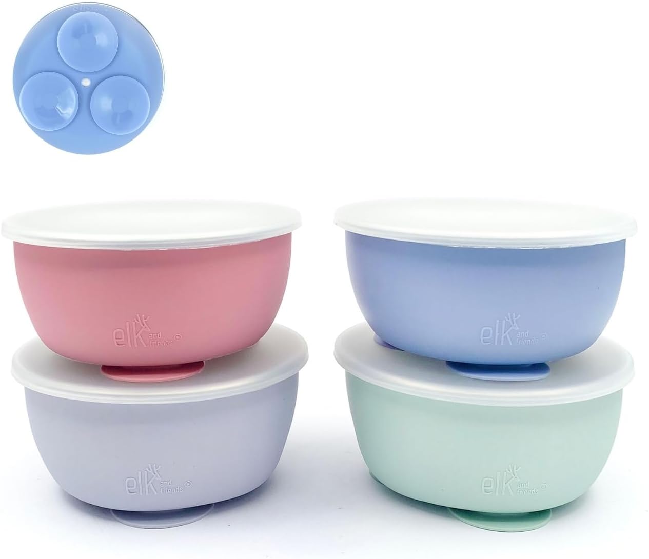Elk and Friends Stainless Steel Bowls with Silicone Sleeve for Babies & Toddlers | Lids Included | Stay Put Suction | Cereal & Snack Bowls | 4 Pack Sage/MistyBlue/Blush/Lilac Suction Sleeve