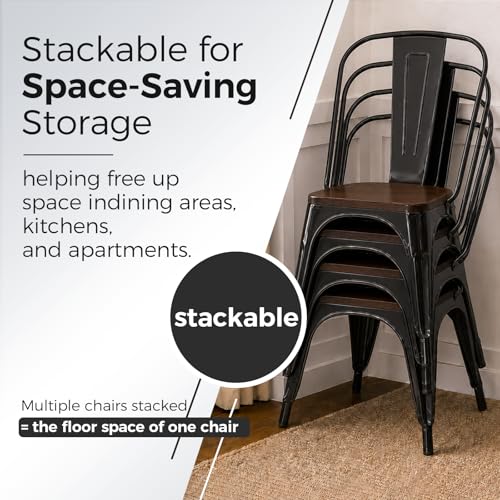 Image of Metal Dining Chairs with Backrest, Wood Seat, Black, 4 Pack | Easy Assembly, Non-Slip Feet, 330 lb Capacity, Kitchen, Restaurant, Cafe, Pub, Covered Patio