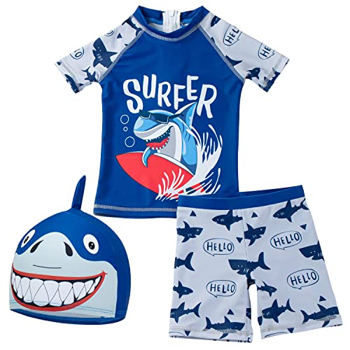 amiyan Kinder Jungen Badeanzug Bademode Schwimmbekleidung Uv-Schutz Hai Bade-Set mit Hut 130 5-6 Jahre