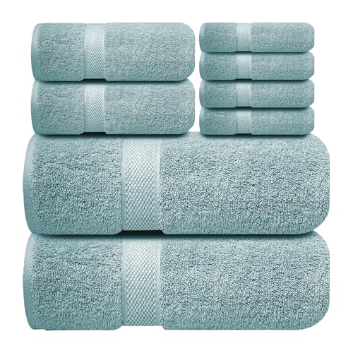 Image of Sulfar 100% Combed Cotton, 8 Pcs Towel Set - 2 Bath Towels (70 x 140 cm), 2 Hand Towels (40 x 70 cm) and 4 Face Towel (30 x 30 cm) (600 GSM, Pack of 8) Nile Blue