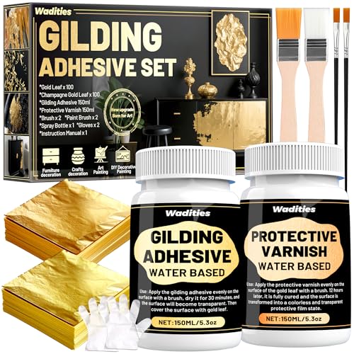 Set de adhesivo para dorado, Wadities 150ml de adhesivo y barniz a base de agua, 100 láminas de pan de oro y 100 láminas de oro champán para decoración de muebles y artesanía artística, decorativa DIY