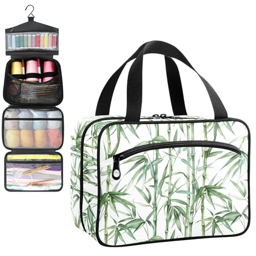 YNNALE Sewing Supply Organizer Bag, Watercolor Green Bamboo White Portable Sewing Bags with Pockets&Hanger, Sewing Storage Box Case for Sew Supplies/Kit/Tools/Accessories (BAG ONLY)