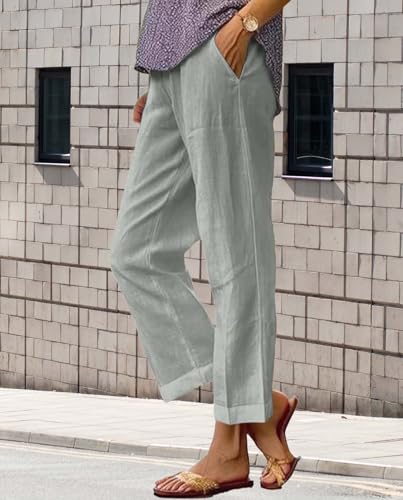 Womens Cotton and Linen Casual Pants Summer Elastic Waist Drawstring Straight Wide Leg Loose Fit Pockets Pant2